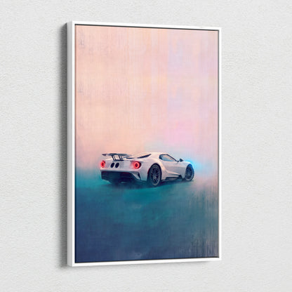 White ford gt inspired luxury supercar canvas print featuring glowing red taillights on a sleek sports car poster