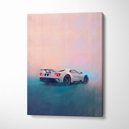 White ford gt sports car canvas print showing rear with glowing red taillights and blue ambient lighting effects