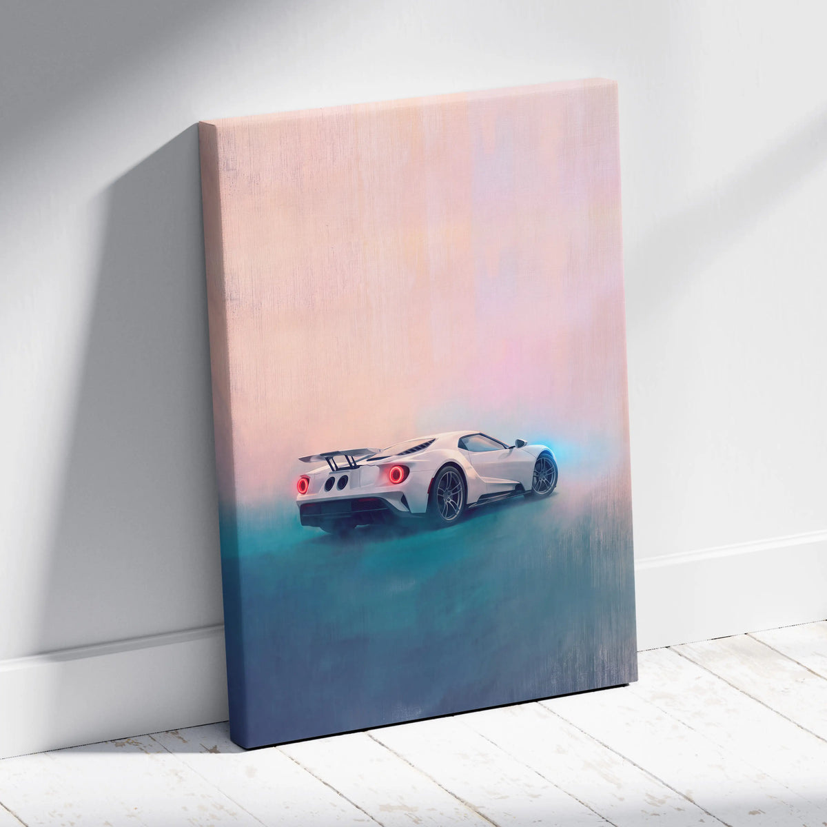 White ford gt sports car canvas print with glowing red taillights and blue lighting on pink to blue background