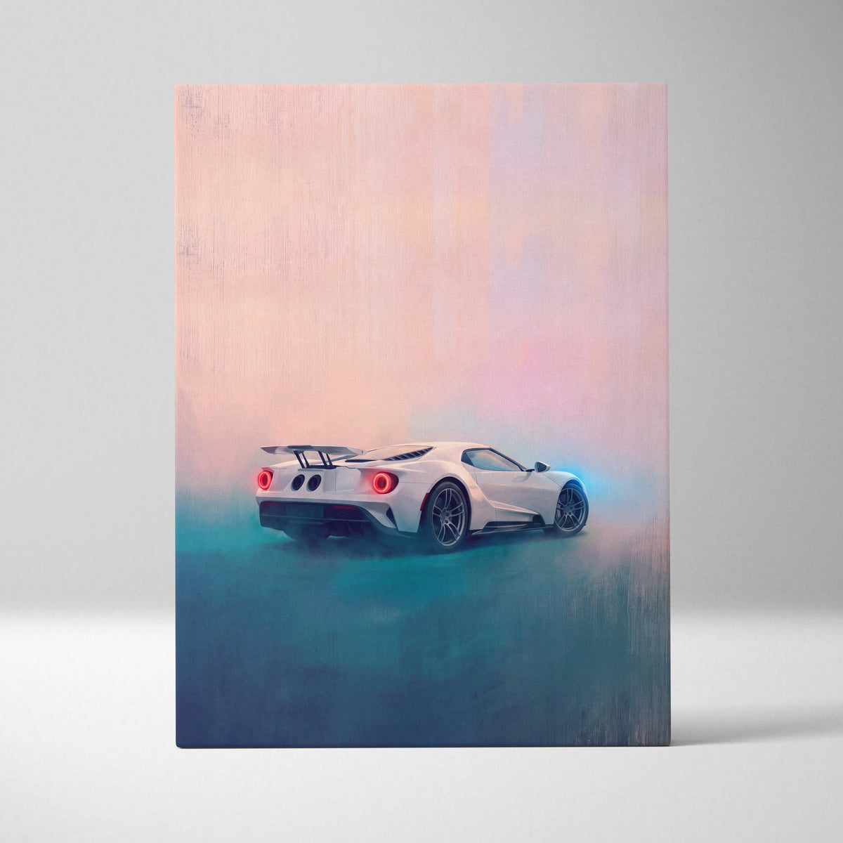 White ford gt inspired automotive wall art showing back with glowing red taillights on sleek supercar canvas print