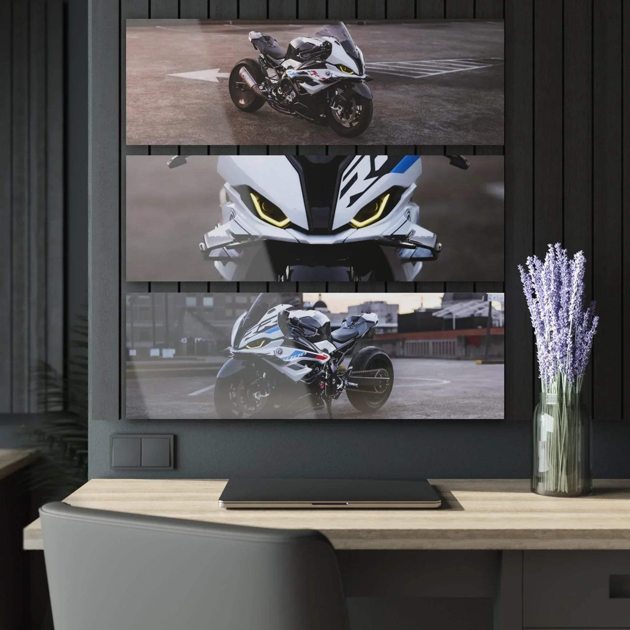 BMW S1000RR three-panel canvas art wall art set with dynamic motorcycle close-ups on acrylic canvas.