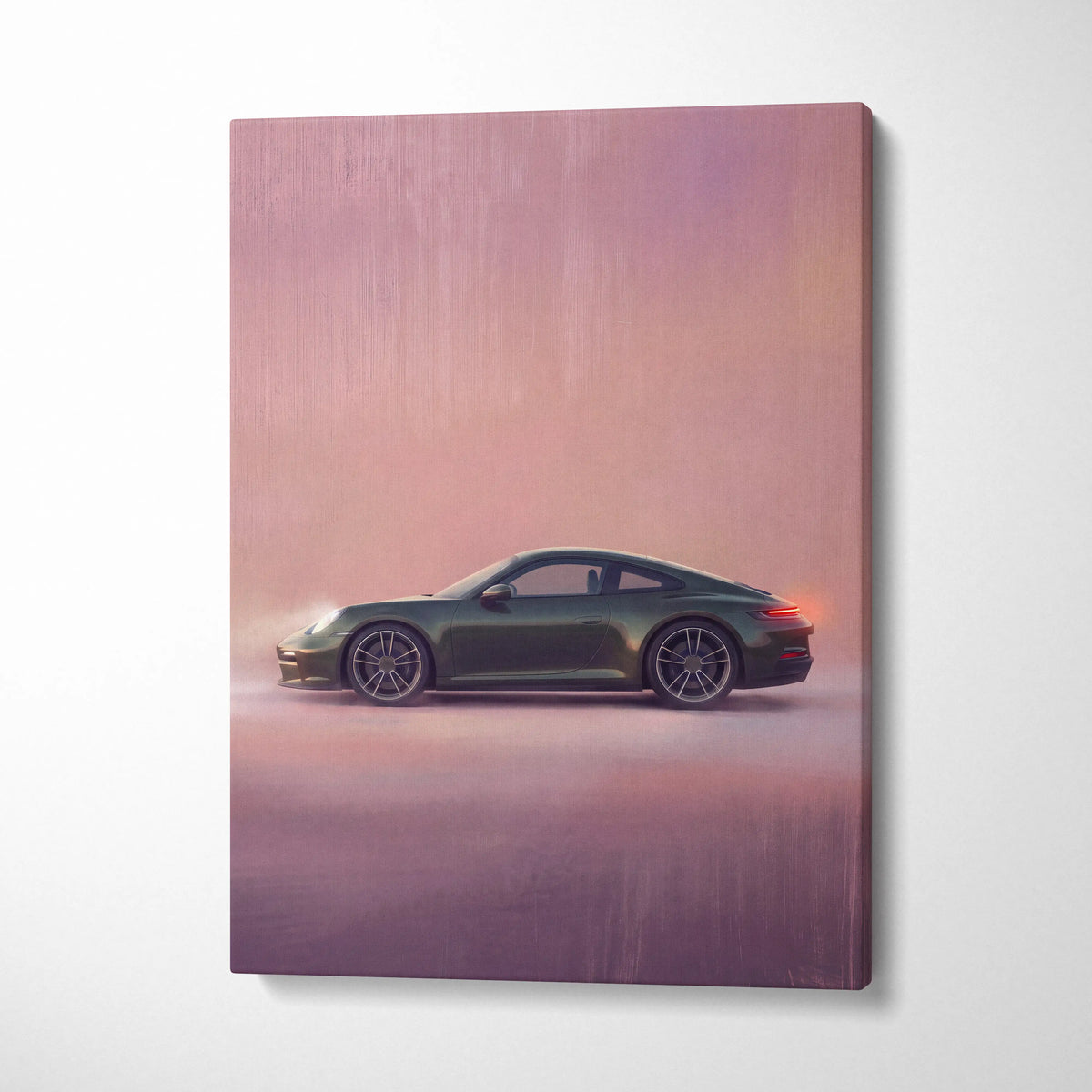 A sleek olive green porsche 911 canvas print with a modern stylized design for custom car wall art