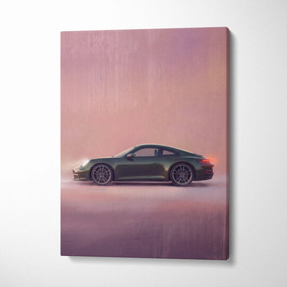 A sleek olive green porsche 911 canvas print with a modern stylized design for custom car wall art