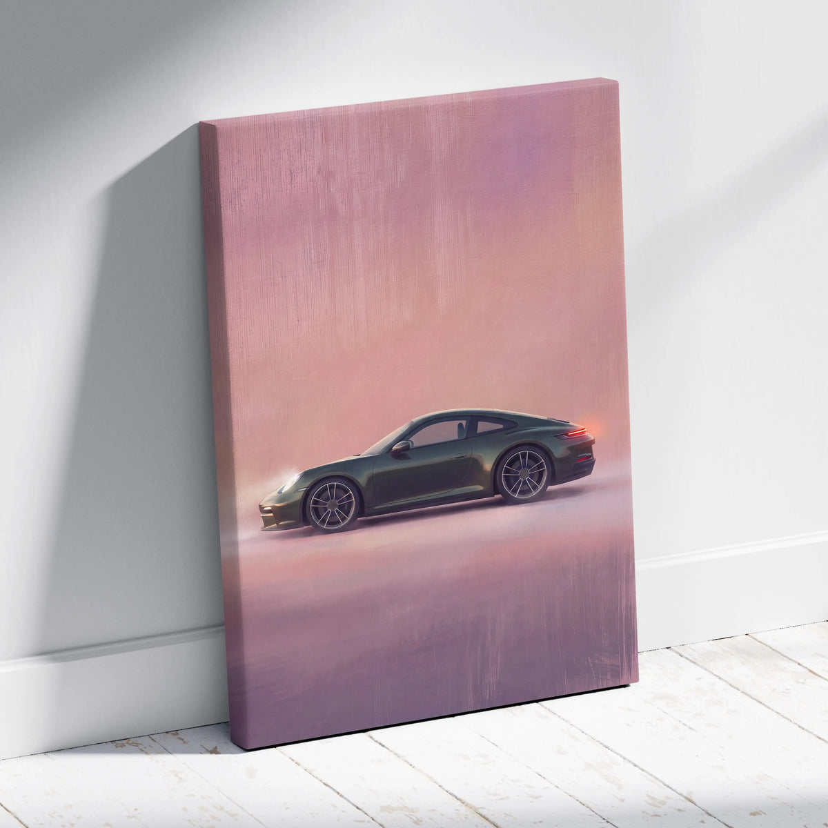 A sleek dark green Porsche 911 canvas art print with a glossy finish against a pink and purple gradient backdrop