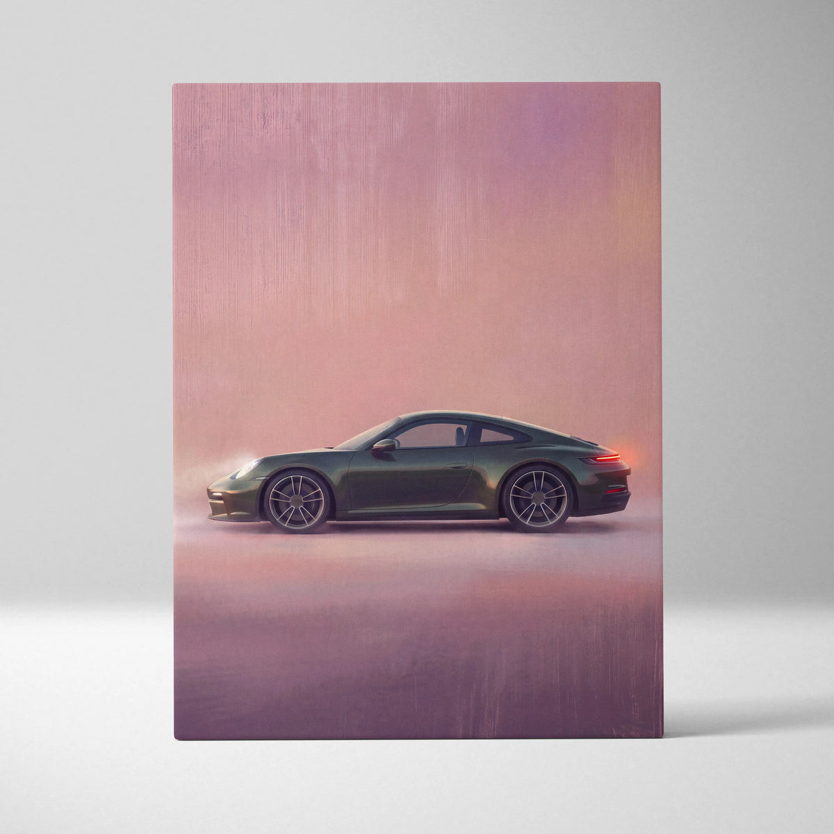 Porsche 911 inspired supercar canvas art featuring a sleek dark green sports car with black wheels on gradient background