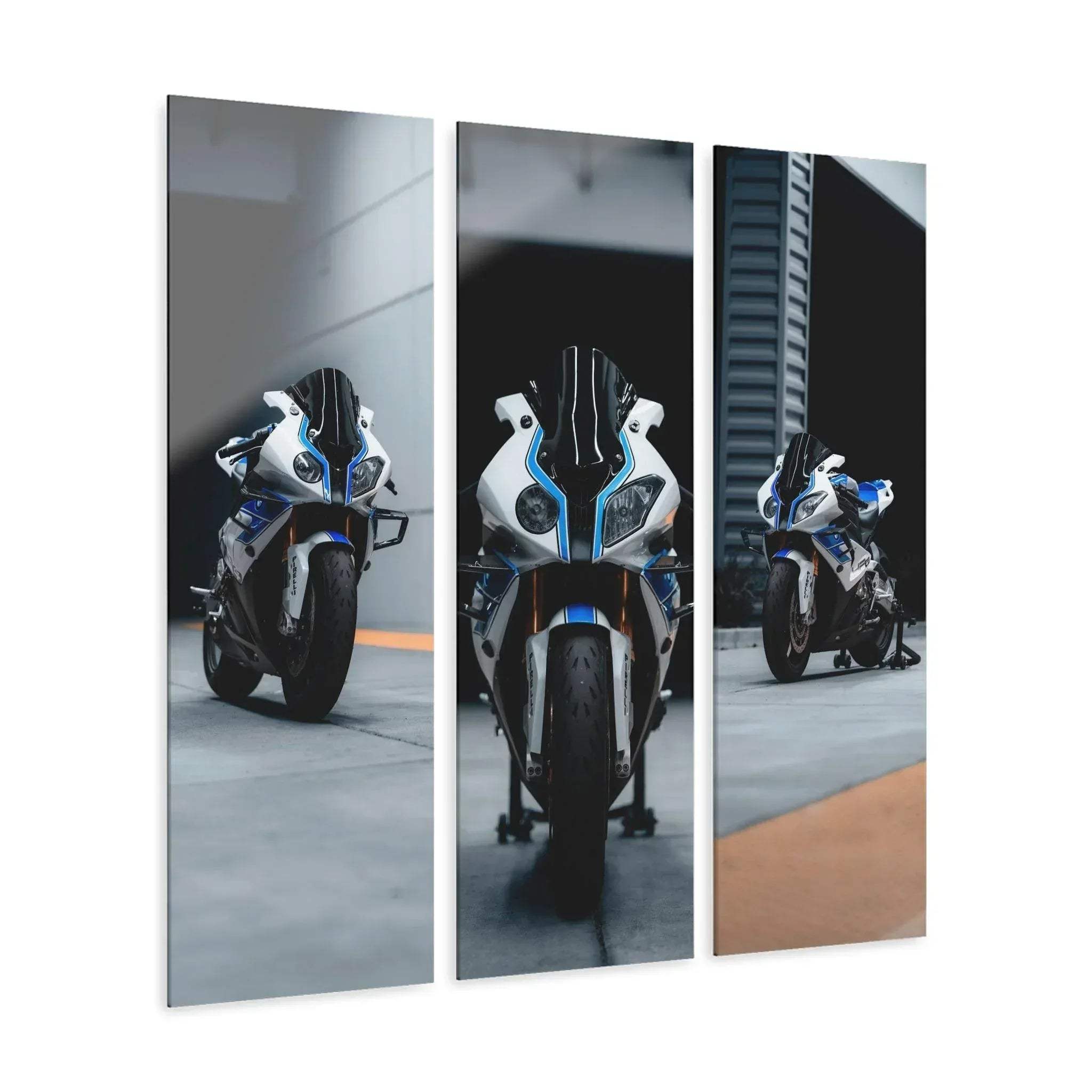 BMW inspired S1000RR motorcycle canvas art triptych with black, white, and blue details, sleek wall art design.