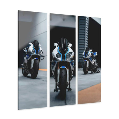 BMW inspired S1000RR motorcycle canvas art triptych with black, white, and blue details, sleek wall art design.