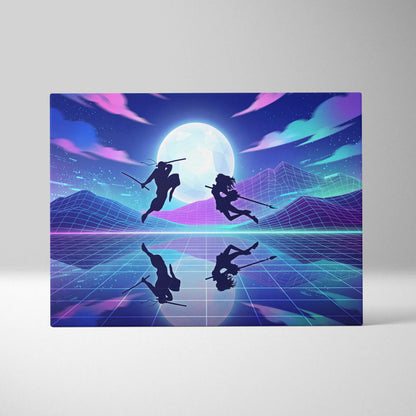 Vaporwave Moonlit Neon Dream - Moon Scene Neon Blue Purple Living Room Retro Dreamy Mood Neon Wall Art Canvas Print