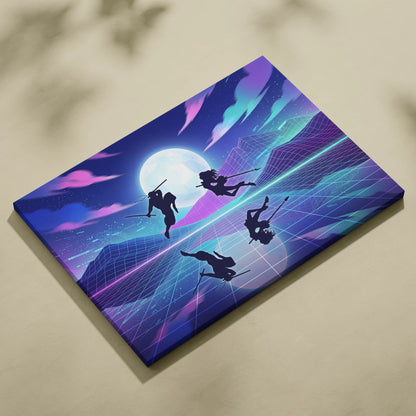 Vaporwave Moonlit Neon Dream - Moon Scene Neon Blue Purple Living Room Retro Dreamy Mood Neon Wall Art Canvas Print