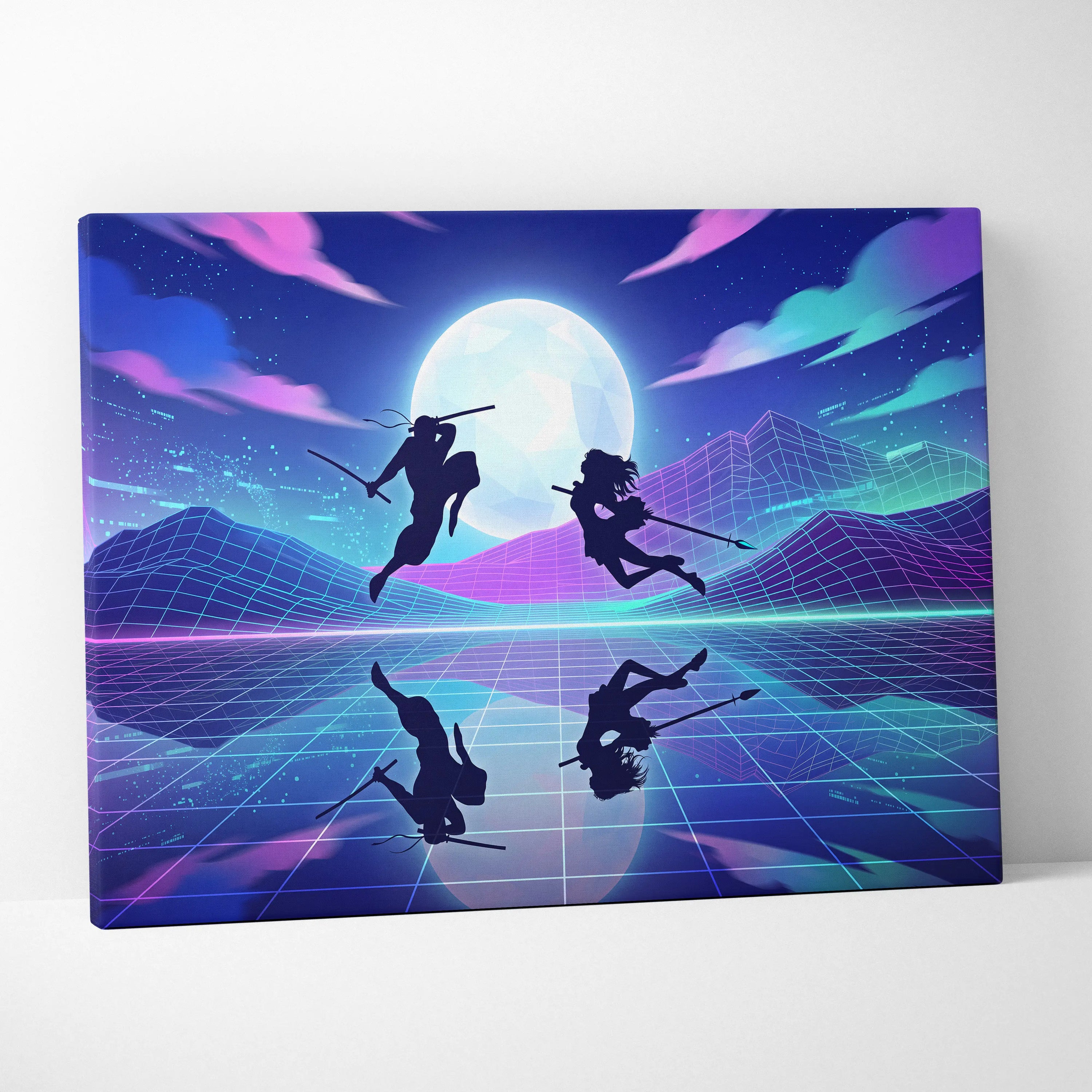 Vaporwave Moonlit Neon Dream - Moon Scene Neon Blue Purple Living Room Retro Dreamy Mood Neon Wall Art Canvas Print