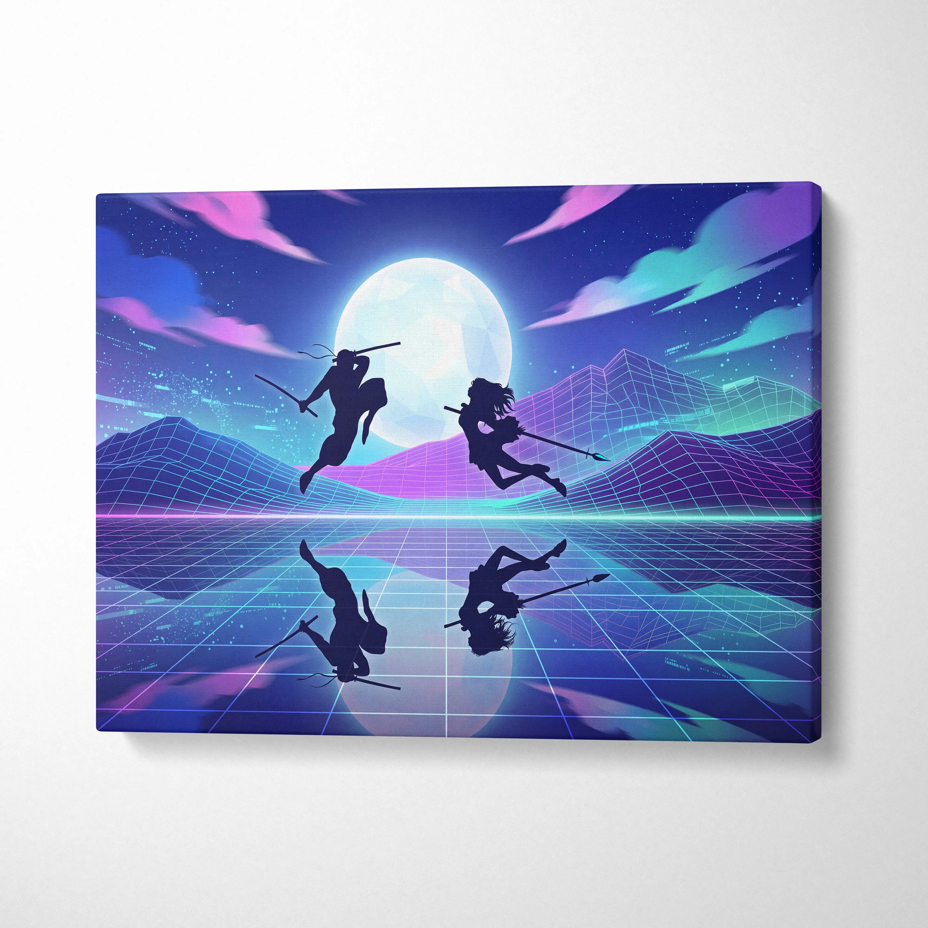 Vaporwave Moonlit Neon Dream - Moon Scene Neon Blue Purple Living Room Retro Dreamy Mood Neon Wall Art Canvas Print