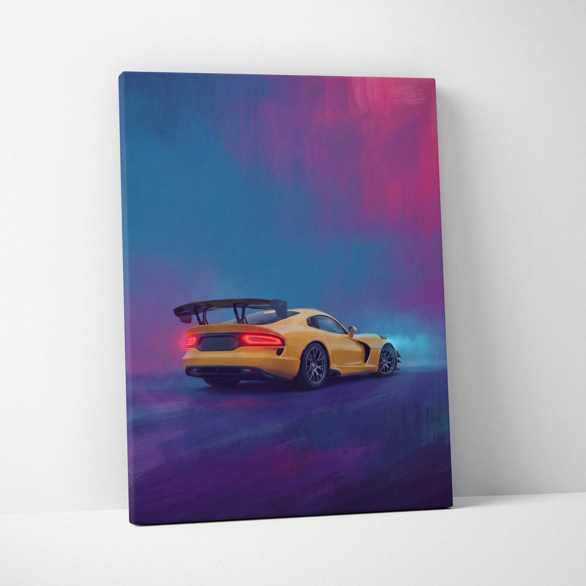 Yellow dodge viper srt inspired canvas art with black rear spoiler and red taillights premium automotive decor