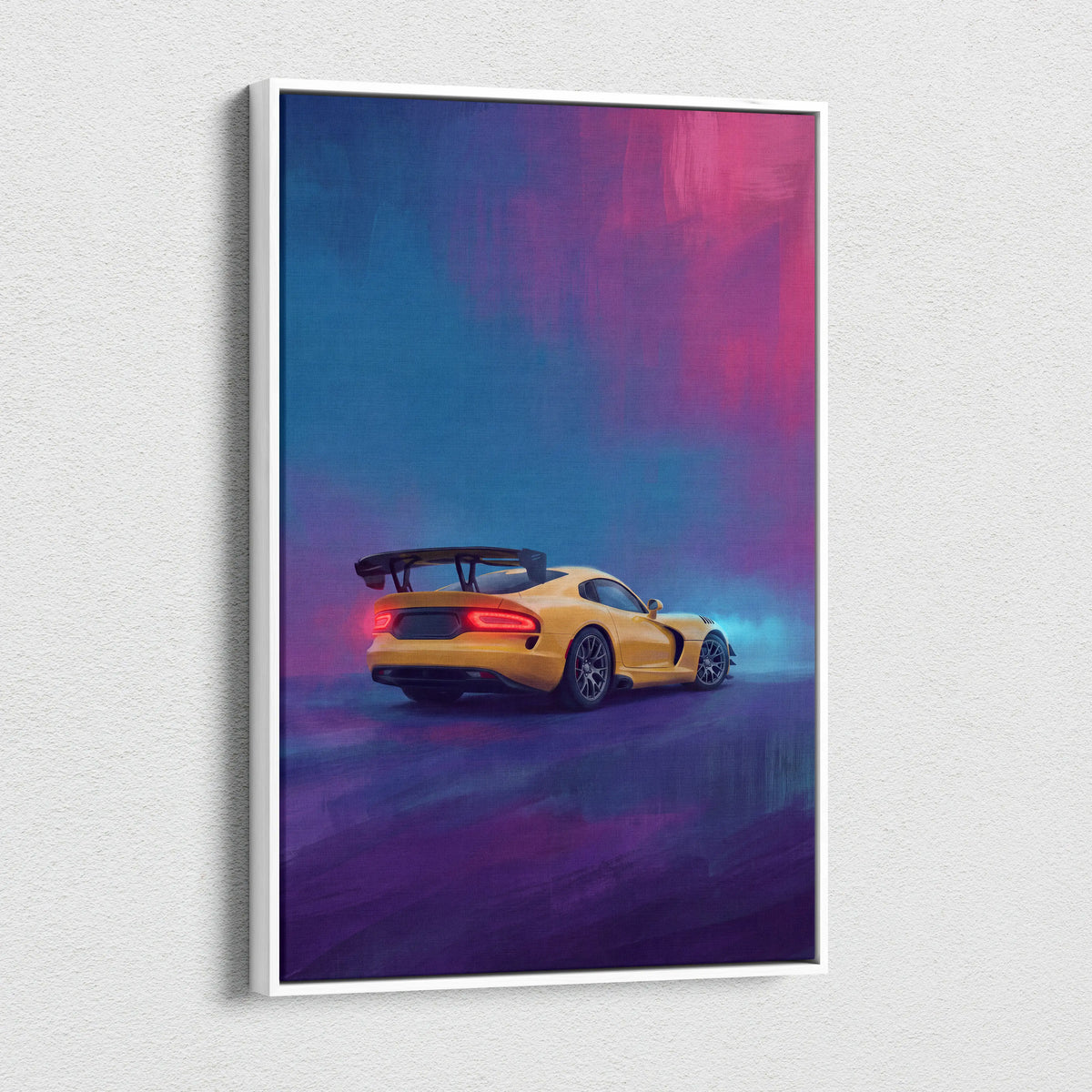 Dodge Viper SRT inspired canvas art of a yellow sports car with black rear spoiler and red taillights in a white frame