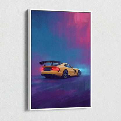 Dodge Viper SRT inspired canvas art of a yellow sports car with black rear spoiler and red taillights in a white frame