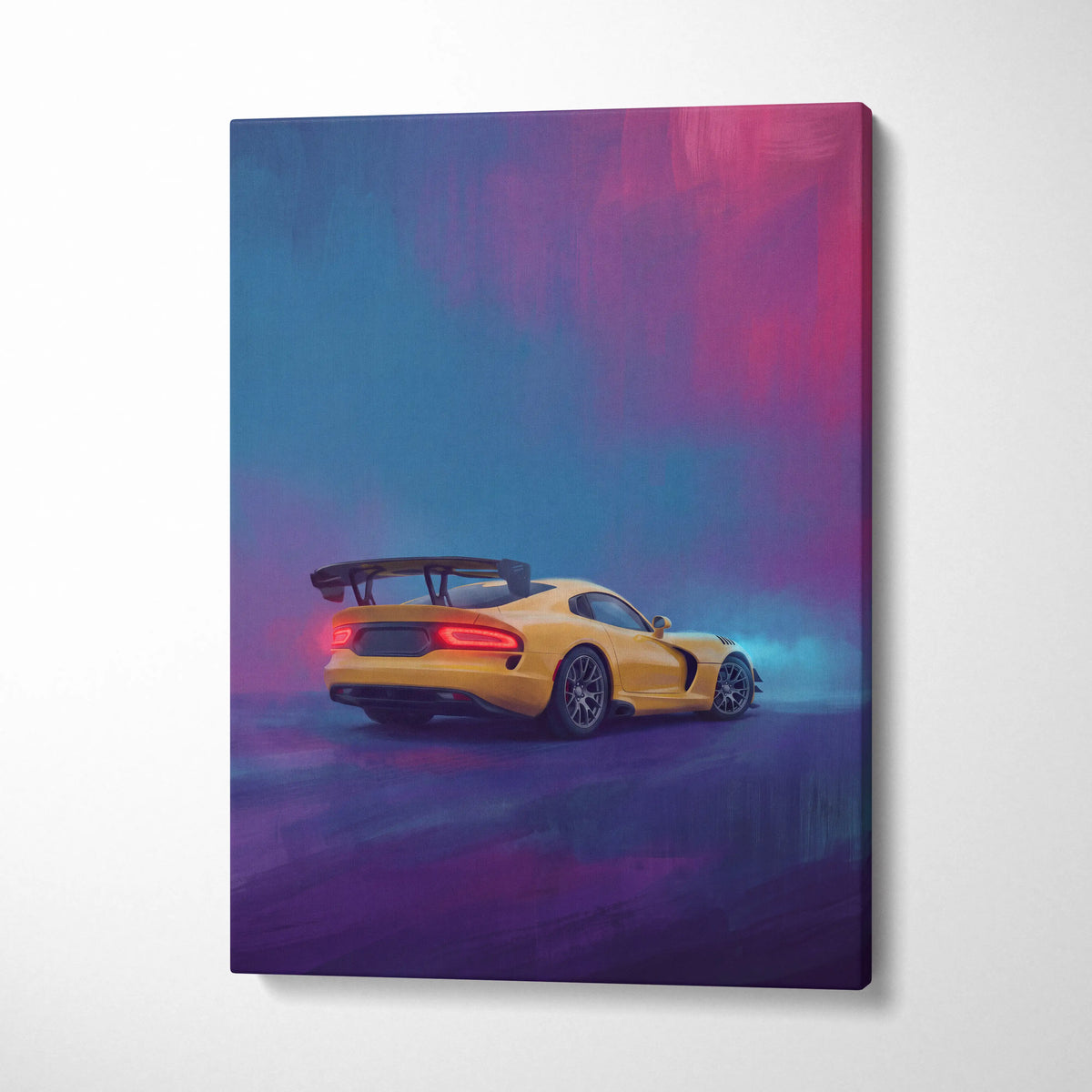 Vibrant yellow Dodge Viper SRT inspired canvas art featuring sleek sports car with red taillights and rear spoiler