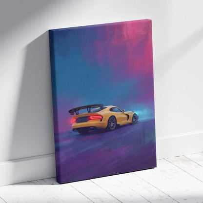 Vibrant yellow dodge viper srt inspired canvas art with neon pink and blue gradient sky for premium wall decor