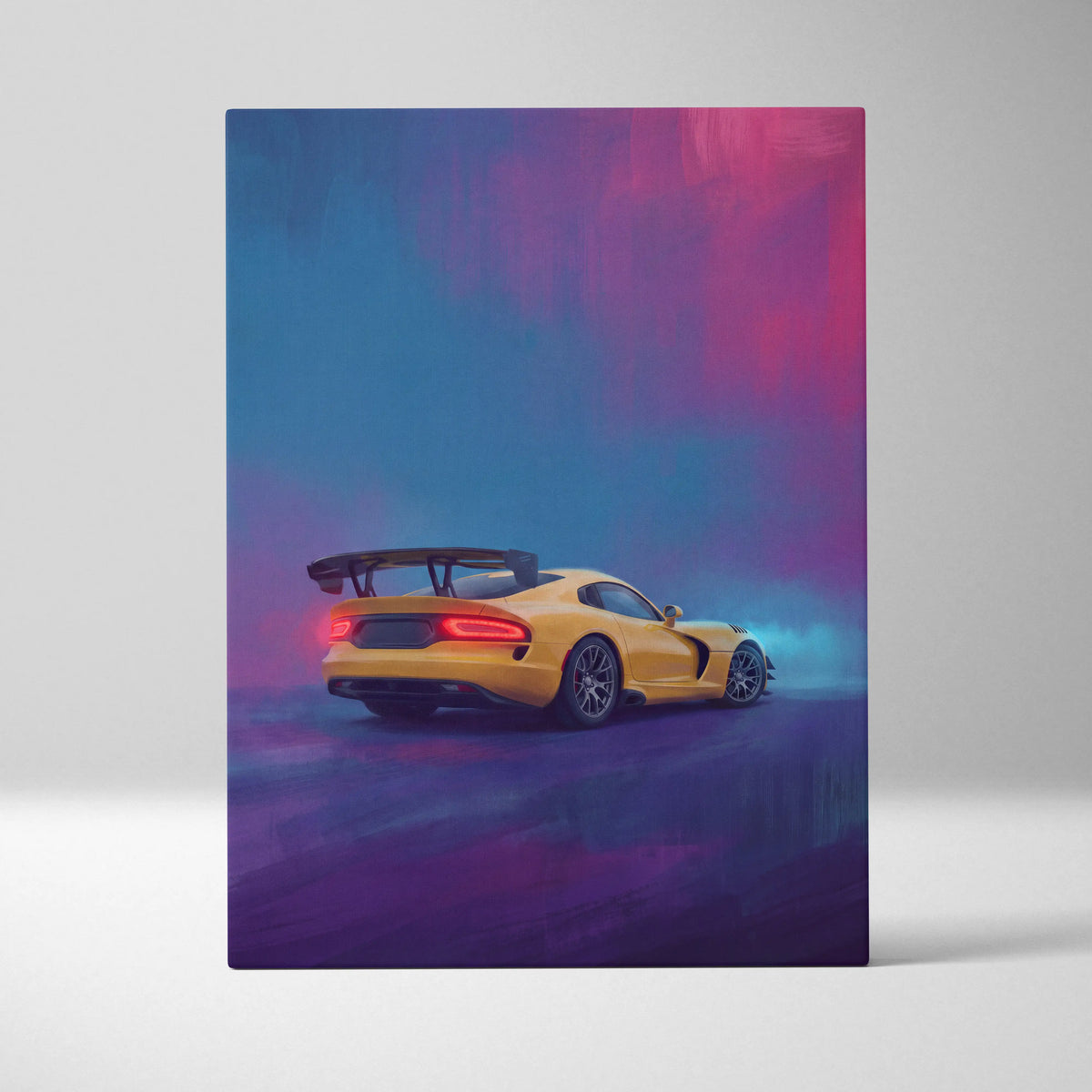 Dodge Viper SRT inspired canvas art featuring a vibrant yellow sports car with black racing spoiler wall decor