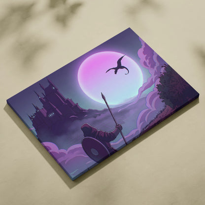 Vaporwave Fantasy Knight In Neon - Knight Pink Cyan Vaporwave Canvas Dreamy Retro Futurism Neon Wall Art Canvas