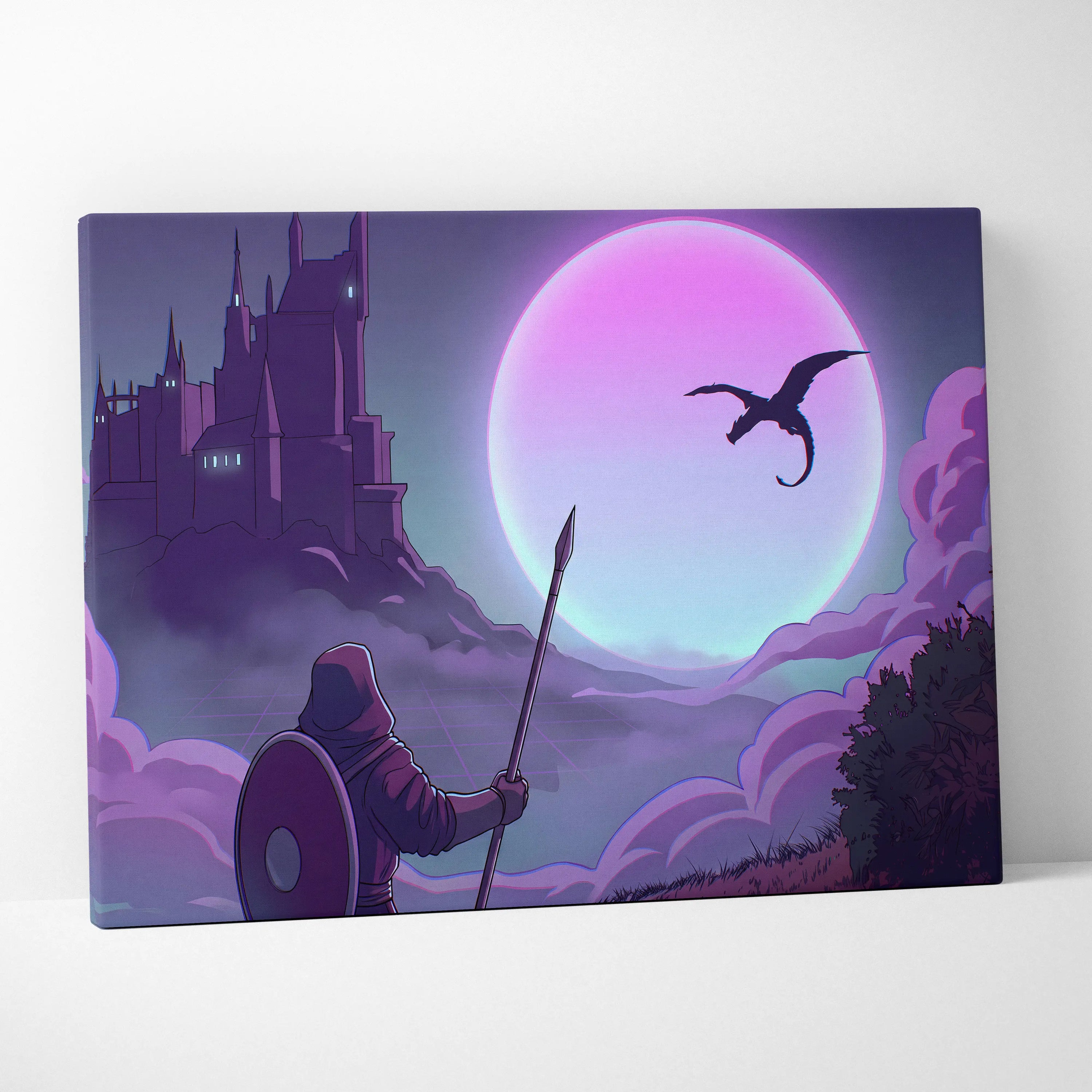 Vaporwave Fantasy Knight In Neon - Knight Pink Cyan Vaporwave Canvas Dreamy Retro Futurism Neon Wall Art Canvas