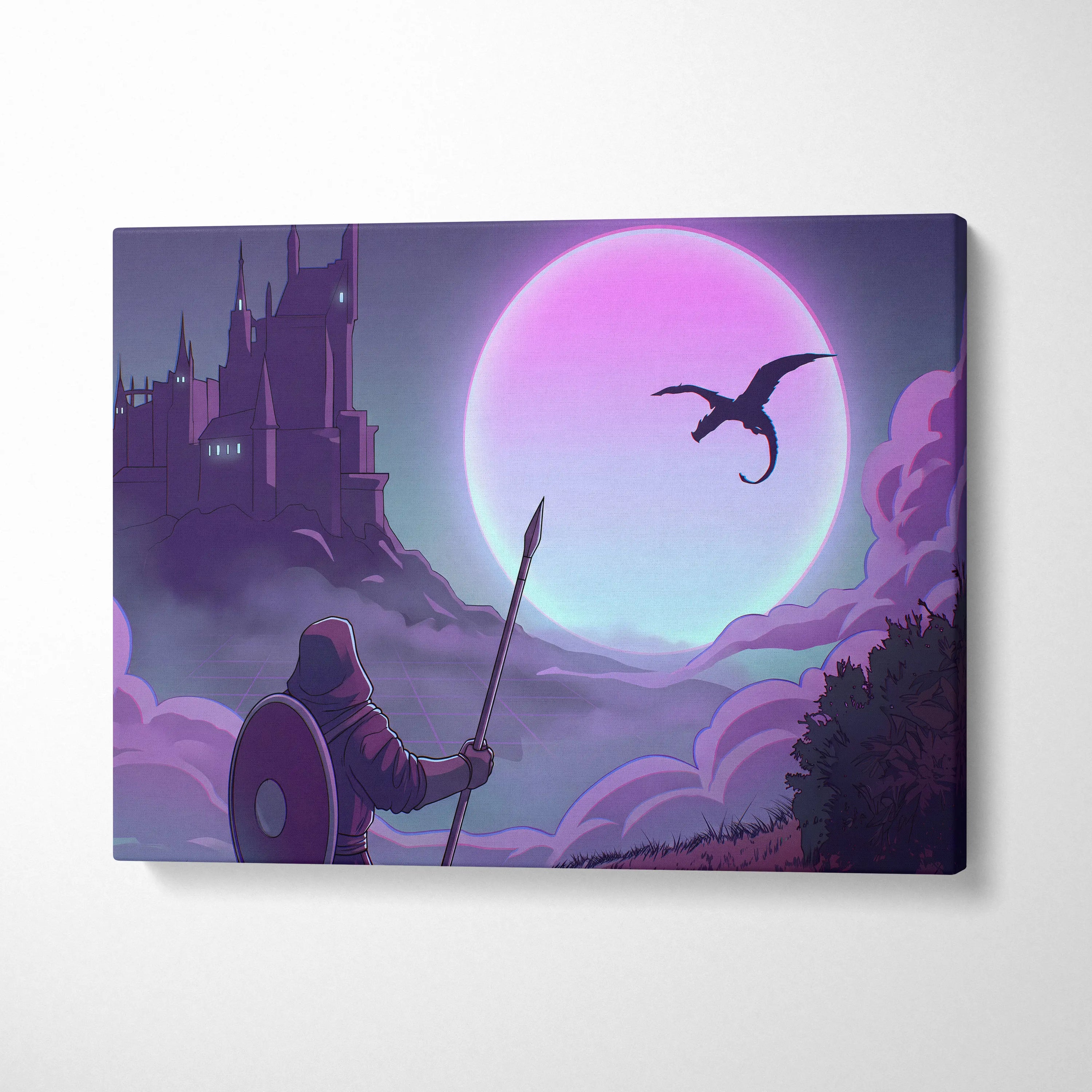 Vaporwave Fantasy Knight In Neon - Knight Pink Cyan Vaporwave Canvas Dreamy Retro Futurism Neon Wall Art Canvas