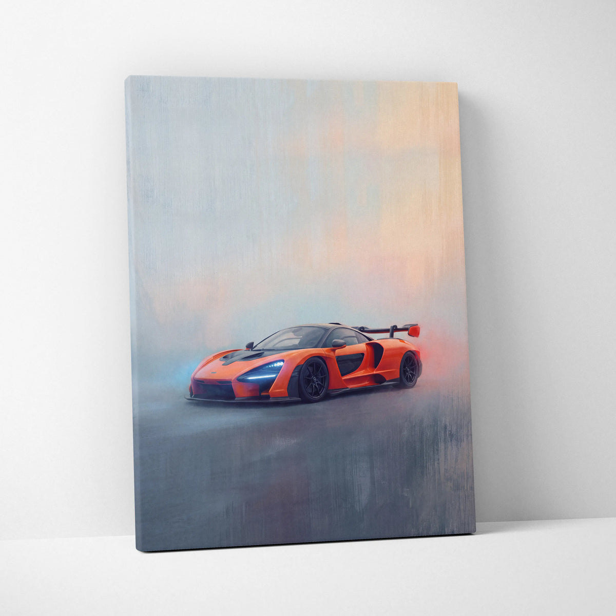 Vibrant orange mclaren senna inspired supercar on a misty landscape printed on a stretched canvas wall art