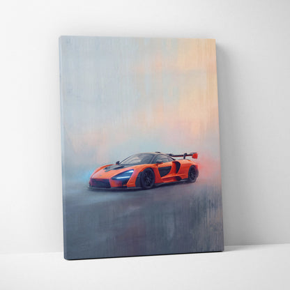 Vibrant orange mclaren senna inspired supercar on a misty landscape printed on a stretched canvas wall art
