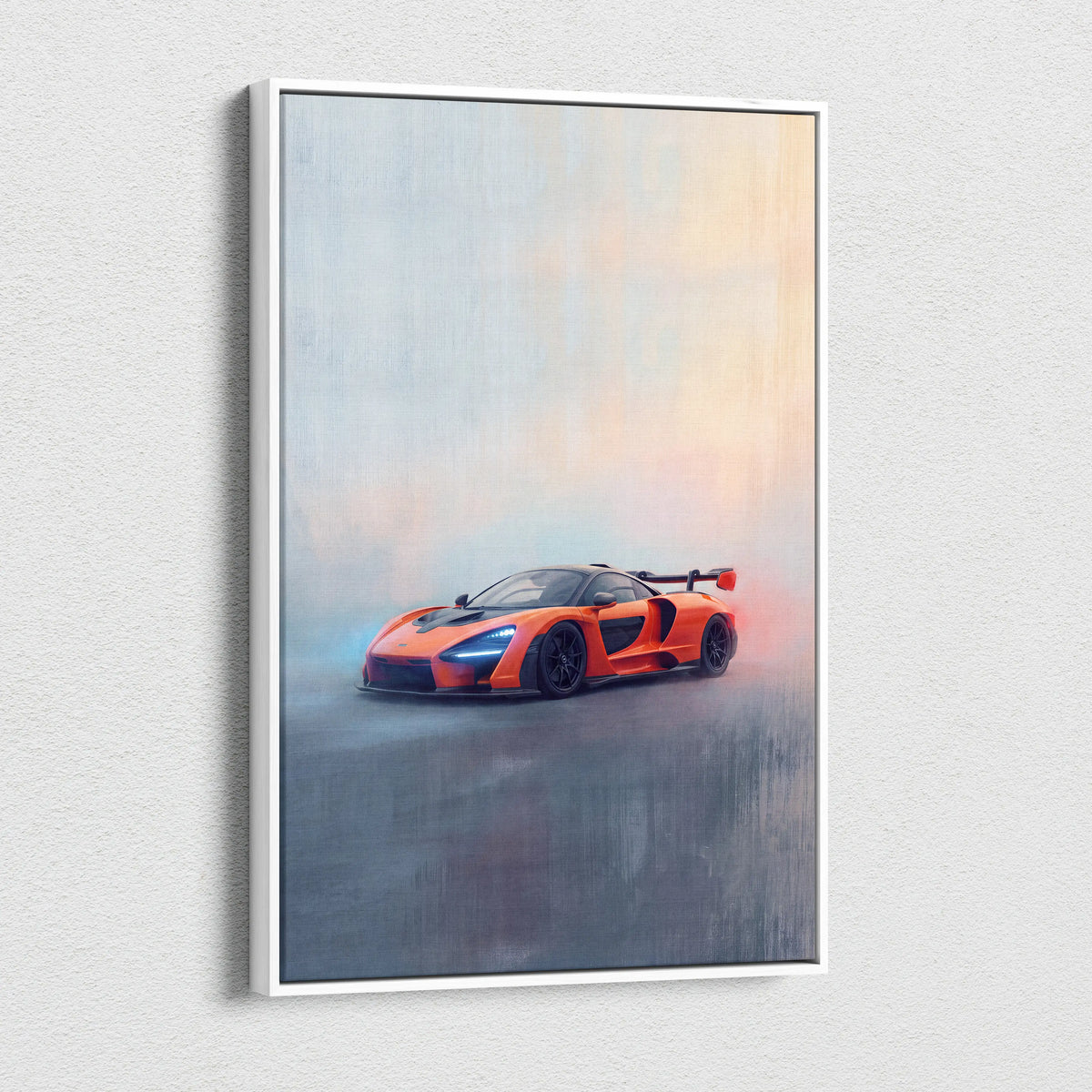 Orange mclaren senna inspired supercar wall art canvas painting print in a dynamic misty track edition scene