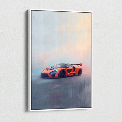 Orange mclaren senna inspired supercar wall art canvas painting print in a dynamic misty track edition scene