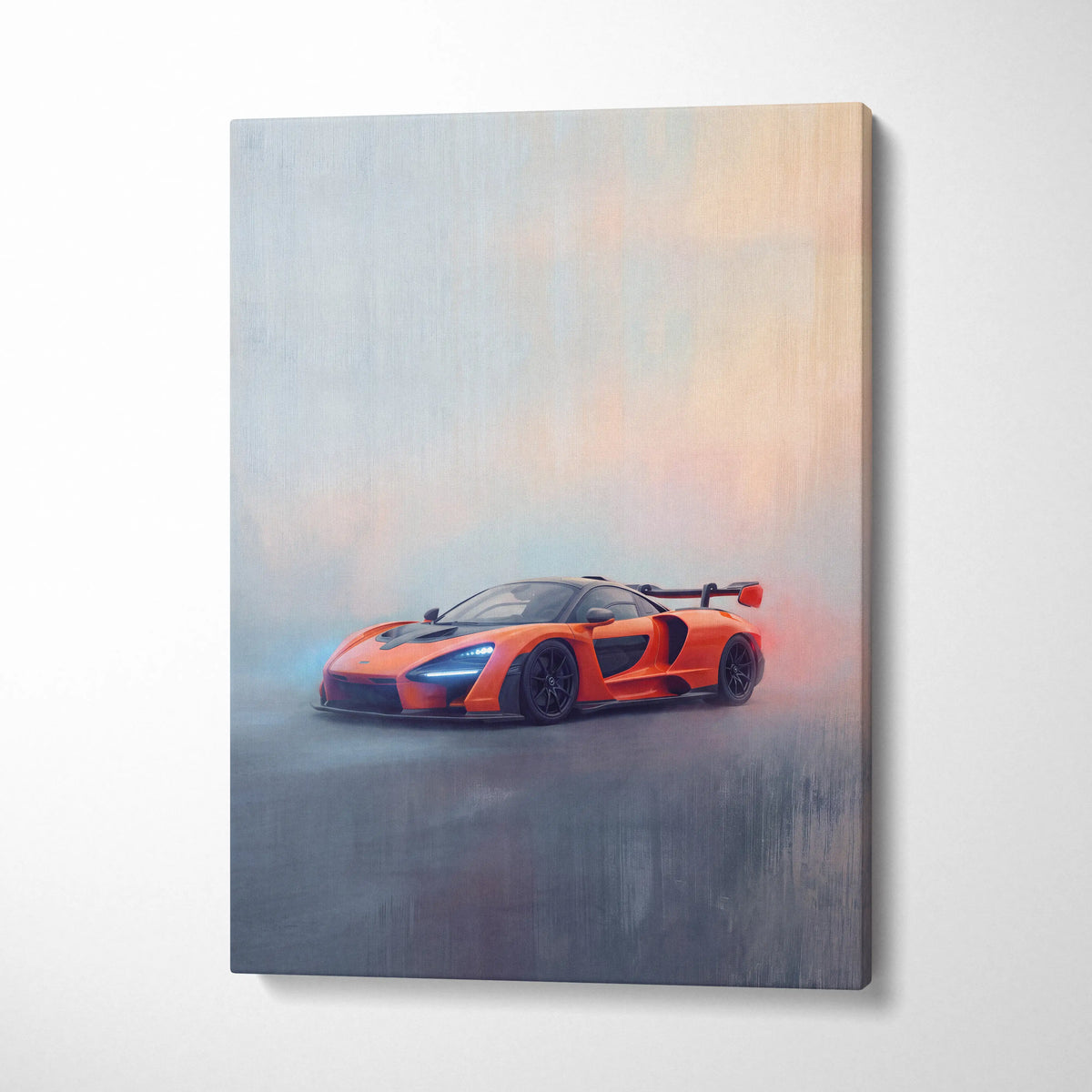Vibrant orange mclaren senna inspired sports car in a dynamic misty scene on track edition canvas wall art print