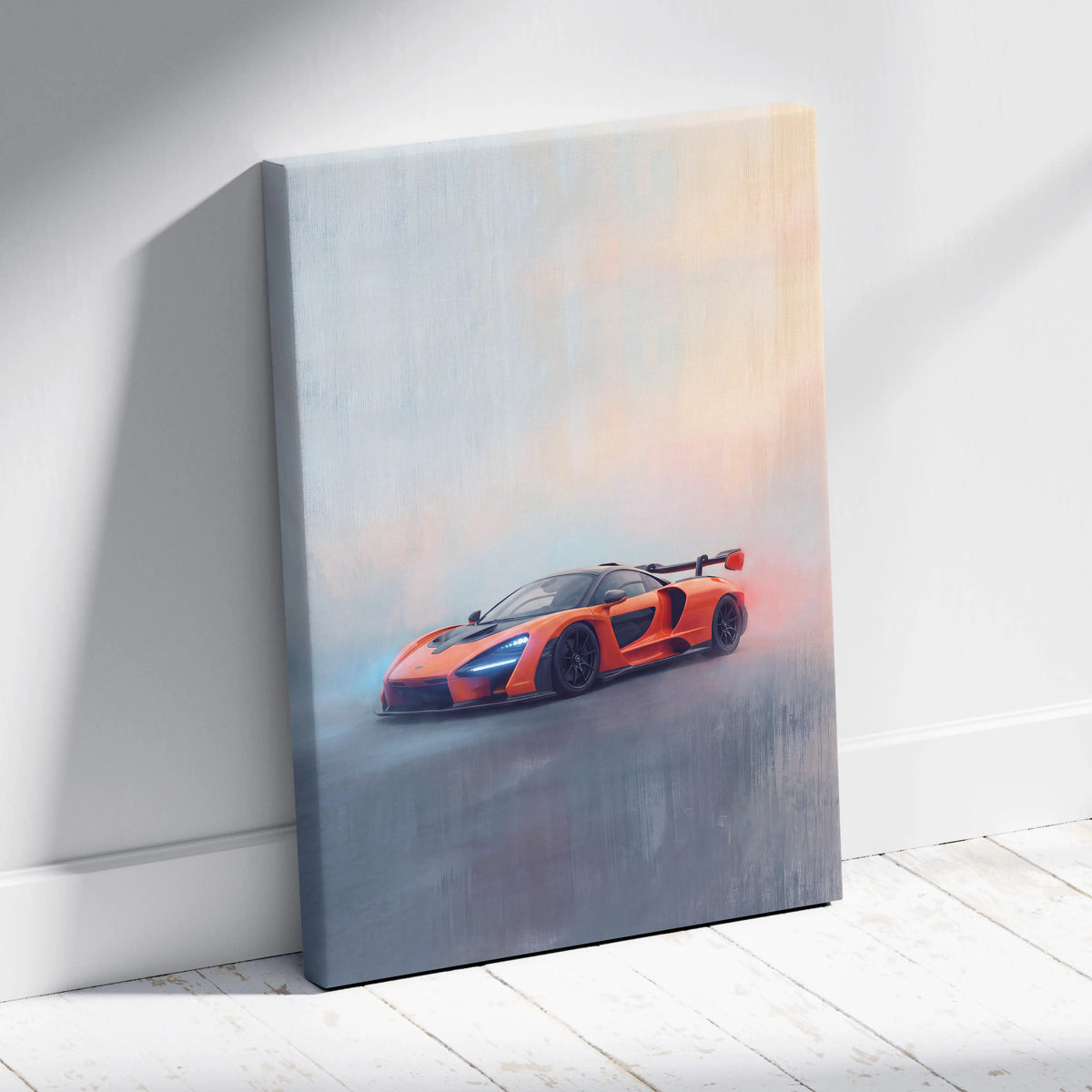 Vibrant orange McLaren Senna sports car in a dynamic misty scene on a stretched canvas wall art print
