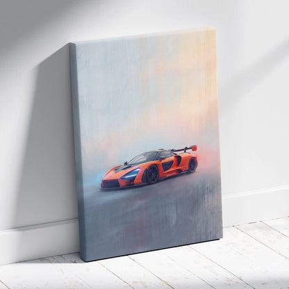 Vibrant orange McLaren Senna sports car in a dynamic misty scene on a stretched canvas wall art print
