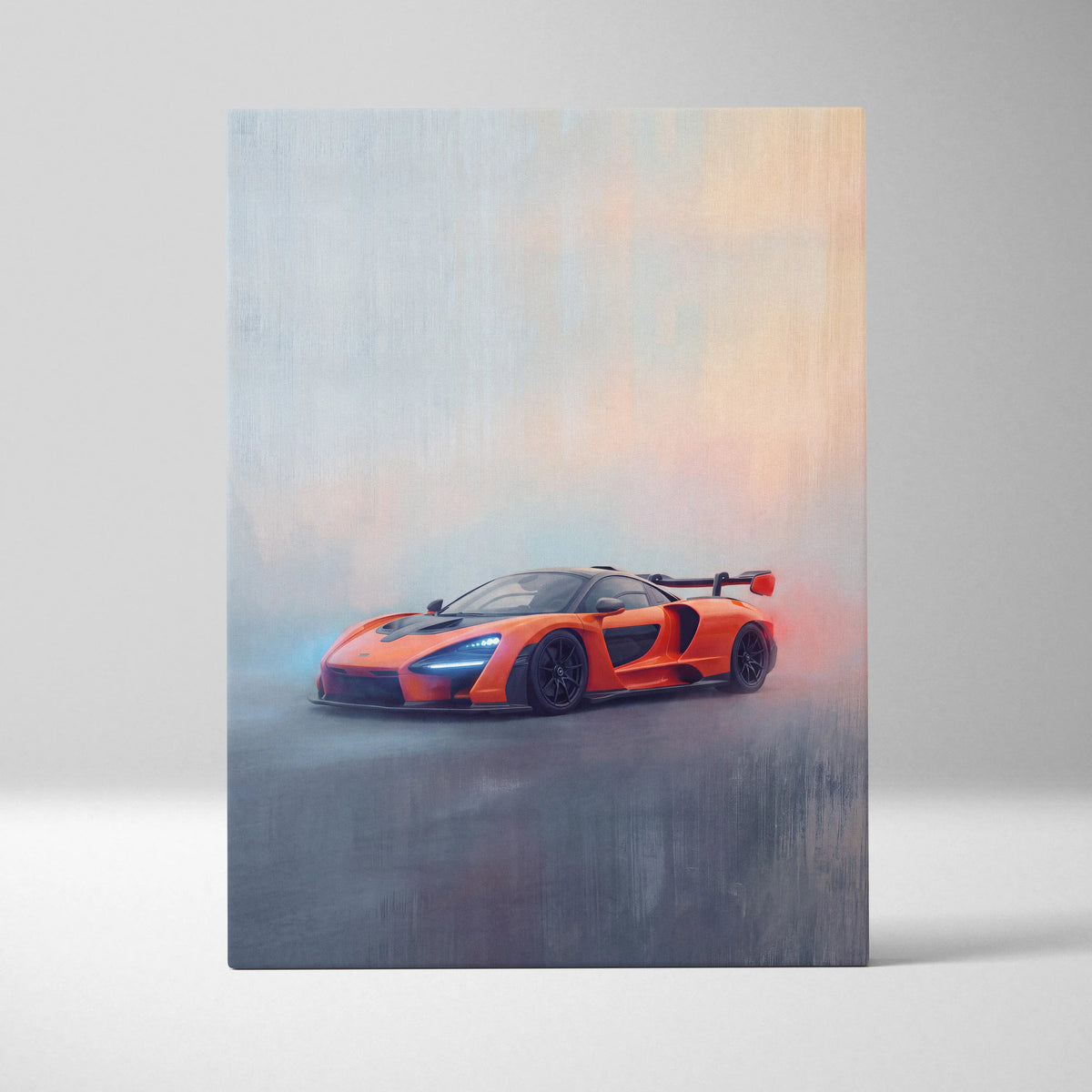 McLaren Senna inspired car wall art canvas print featuring vibrant orange sports car with glowing blue headlights and black accents