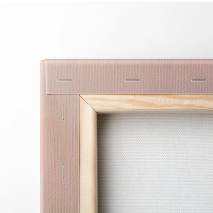 A blush pink canvas frame with natural wood inner border and stitching for Ferrari 488 GTB inspired wall art
