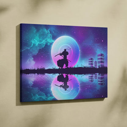 Vaporwave Neon Sphere Canvas - Silhouette Woman Pink Blue Living Room Vaporwave Dreamy Nostalgic Mood Wall Art Canvas