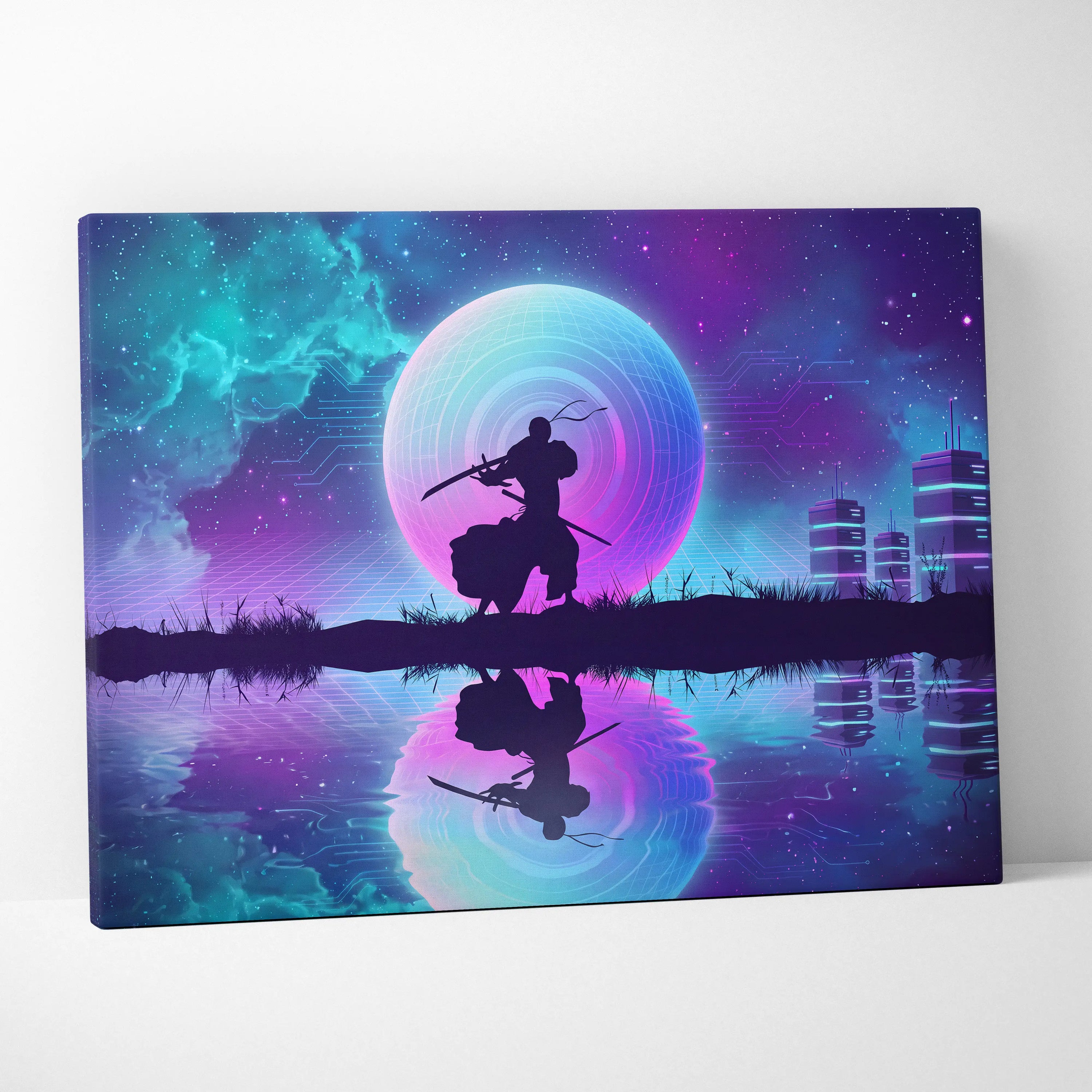 Vaporwave Neon Sphere Canvas - Silhouette Woman Pink Blue Living Room Vaporwave Dreamy Nostalgic Mood Wall Art Canvas