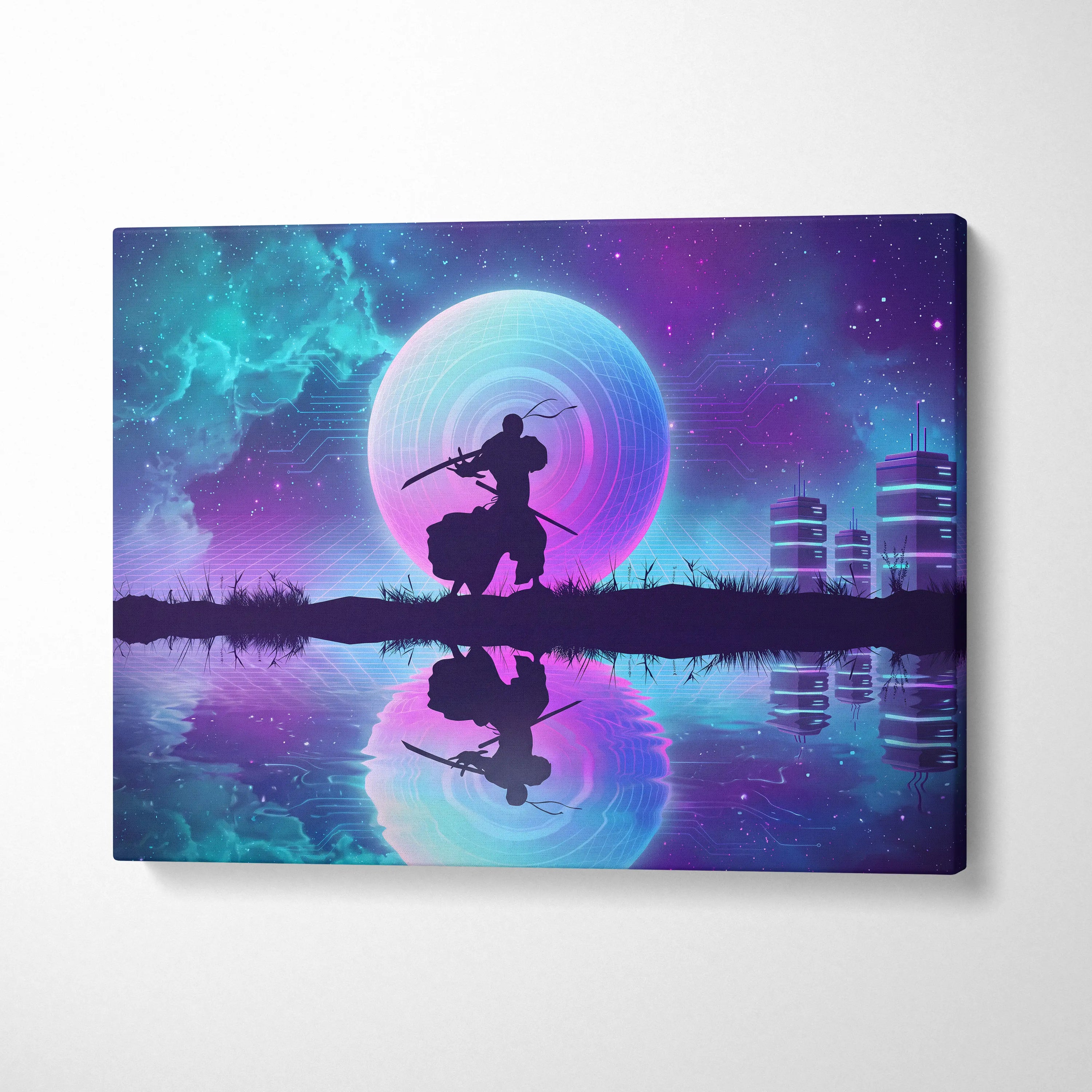 Vaporwave Neon Sphere Canvas - Silhouette Woman Pink Blue Living Room Vaporwave Dreamy Nostalgic Mood Wall Art Canvas