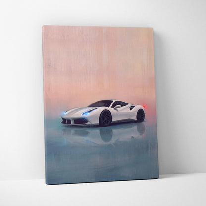 White ferrari 488 gtb inspired sports car canvas print with glowing blue headlights and red taillights on pink teal background