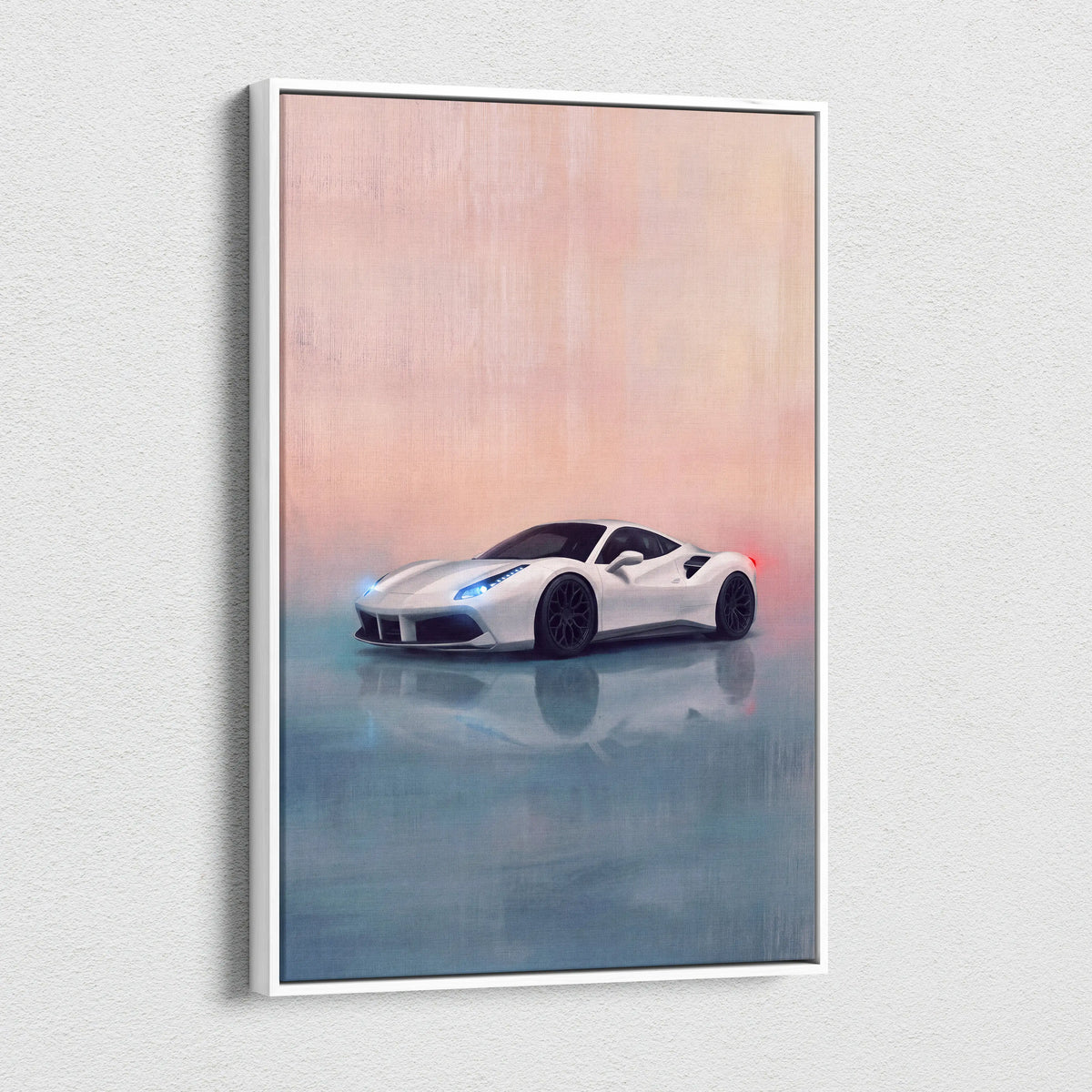 White ferrari 488 gtb inspired sports car painting in sleek white frame luxury supercar wall art canvas print