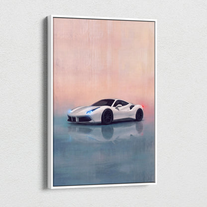 White ferrari 488 gtb inspired sports car painting in sleek white frame luxury supercar wall art canvas print