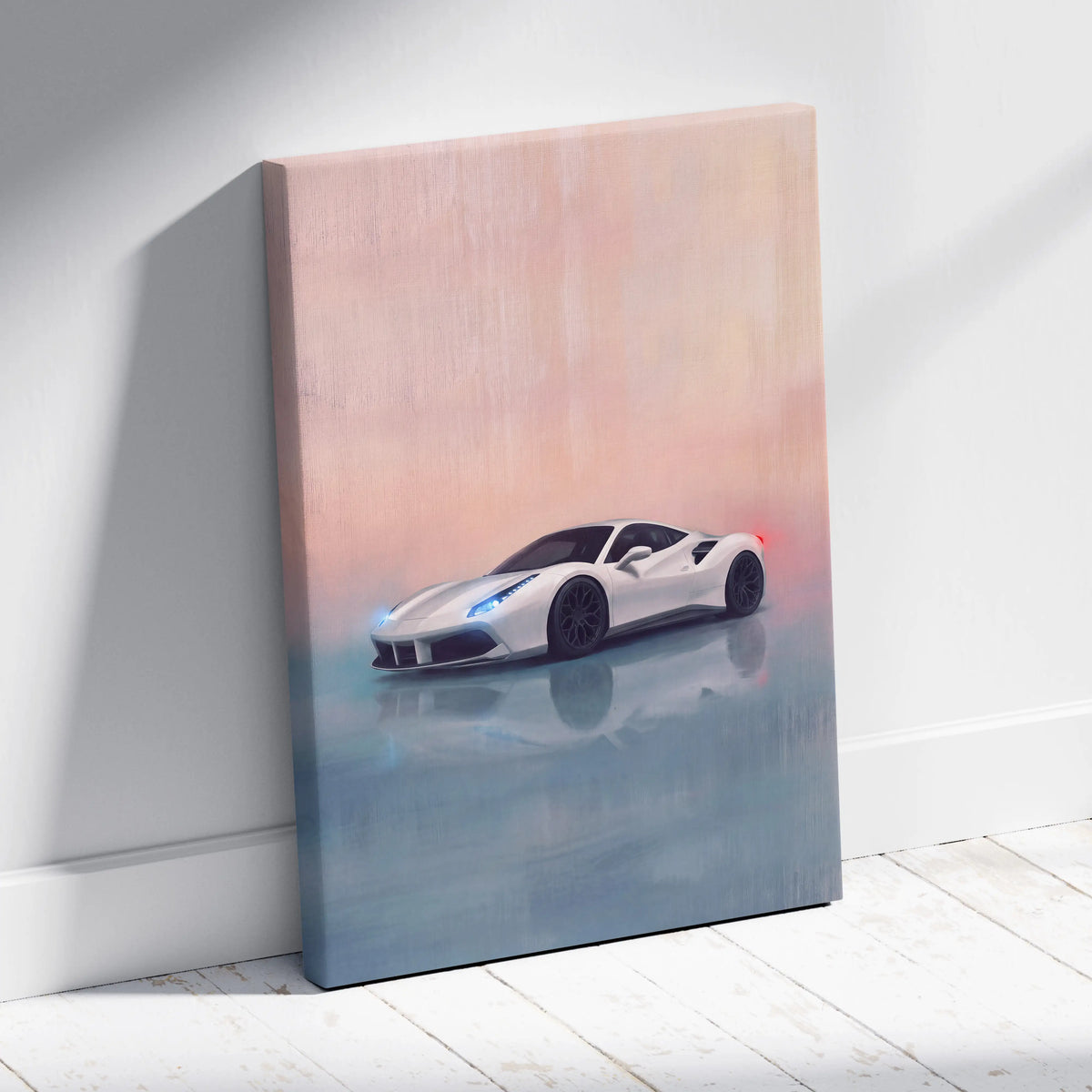 White Ferrari 488 GTB inspired sports car canvas print with sleek design and gradient pink to blue background