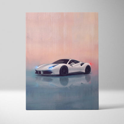 Ferrari 488 GTB inspired automotive wall art with white sports car and glowing blue headlights on canvas print