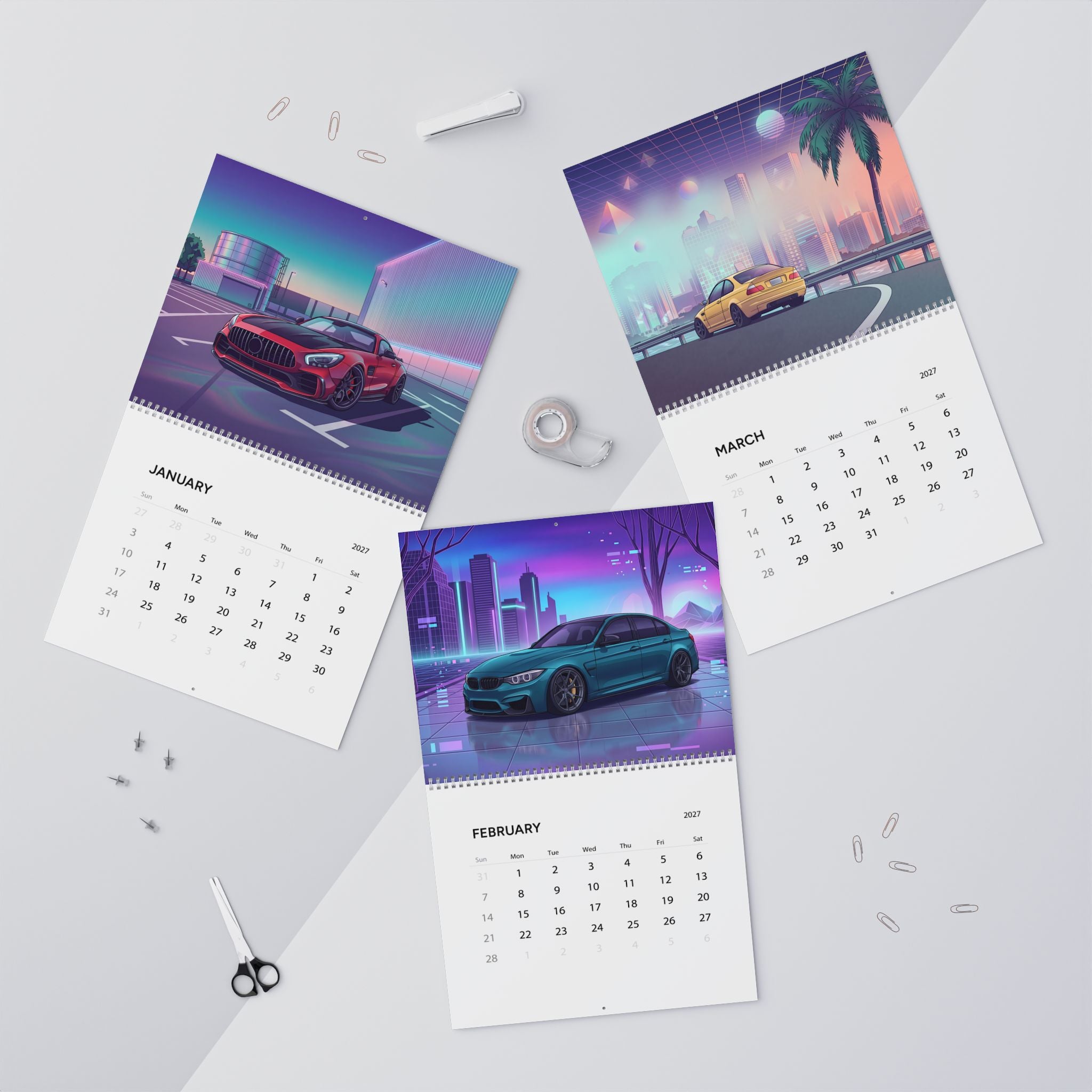 2027 European Car Vaporwave Wall Calendar – BMW Inspired Performance Cars & Retro Neon Artwork Collection