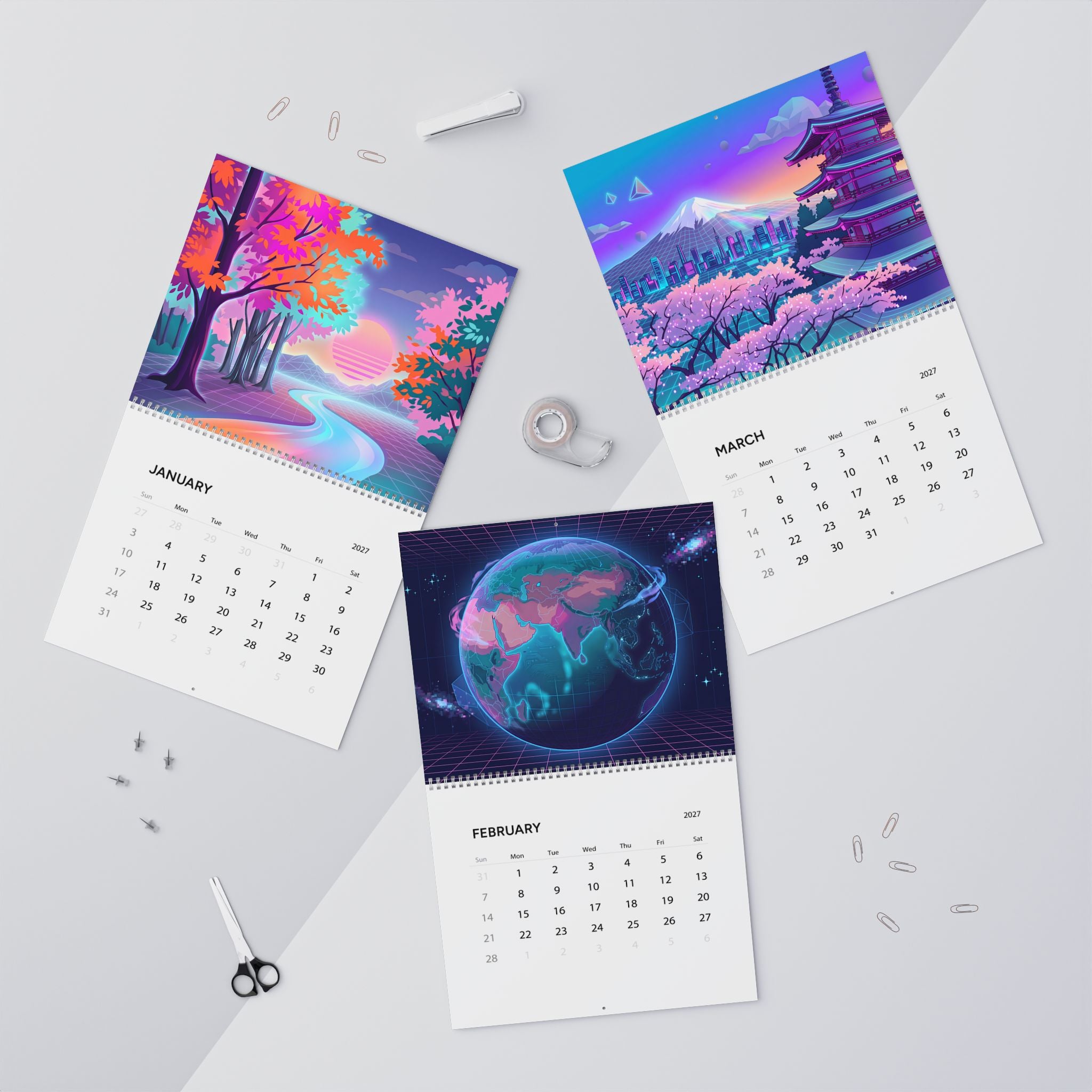 2027 Vaporwave Artwork Wall Calendar – Vibrant Retro Futuristic Art Collection