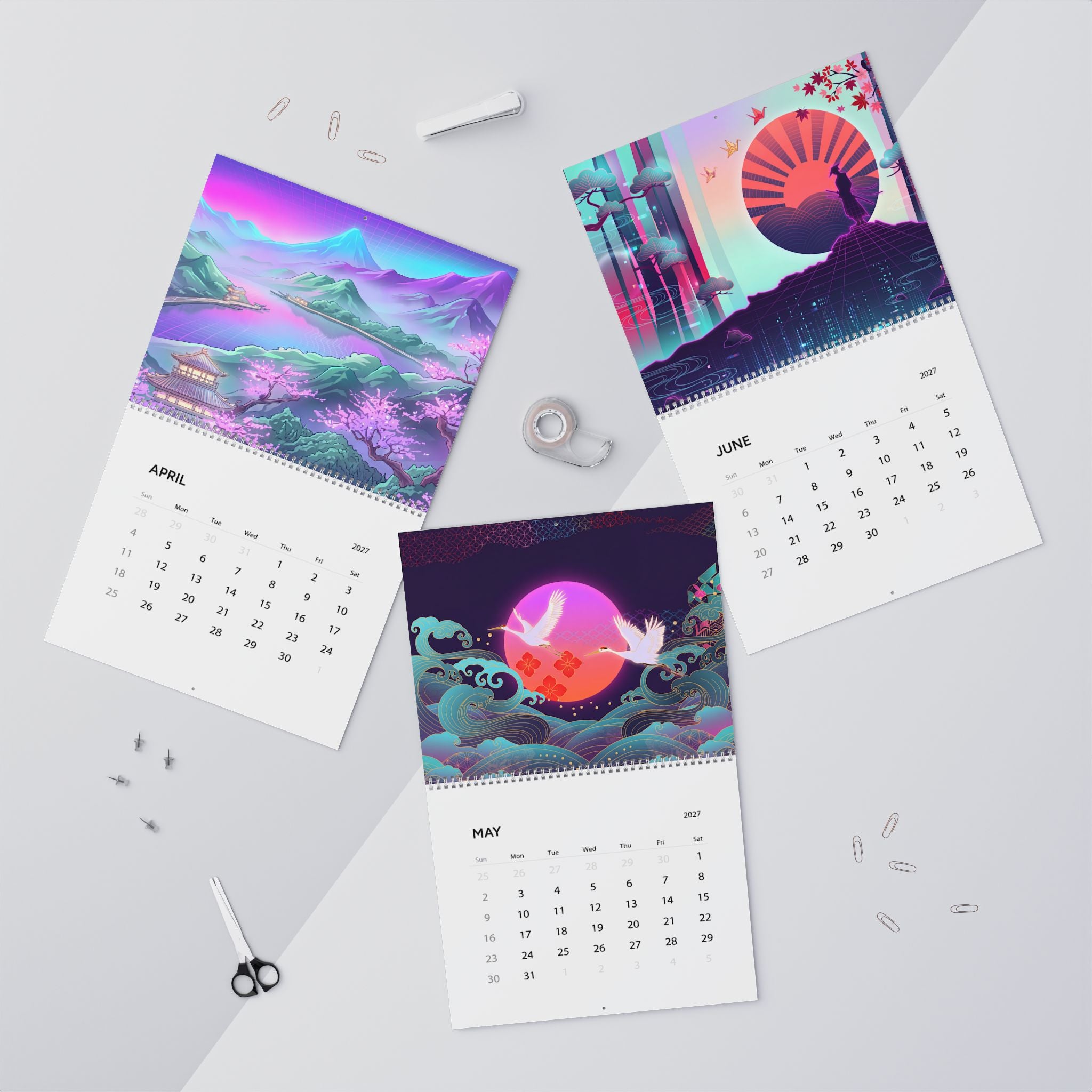 2027 Japanese Aesthetic Vaporwave Calendar – Retro Futuristic Neon Art & Japan Inspired Designs