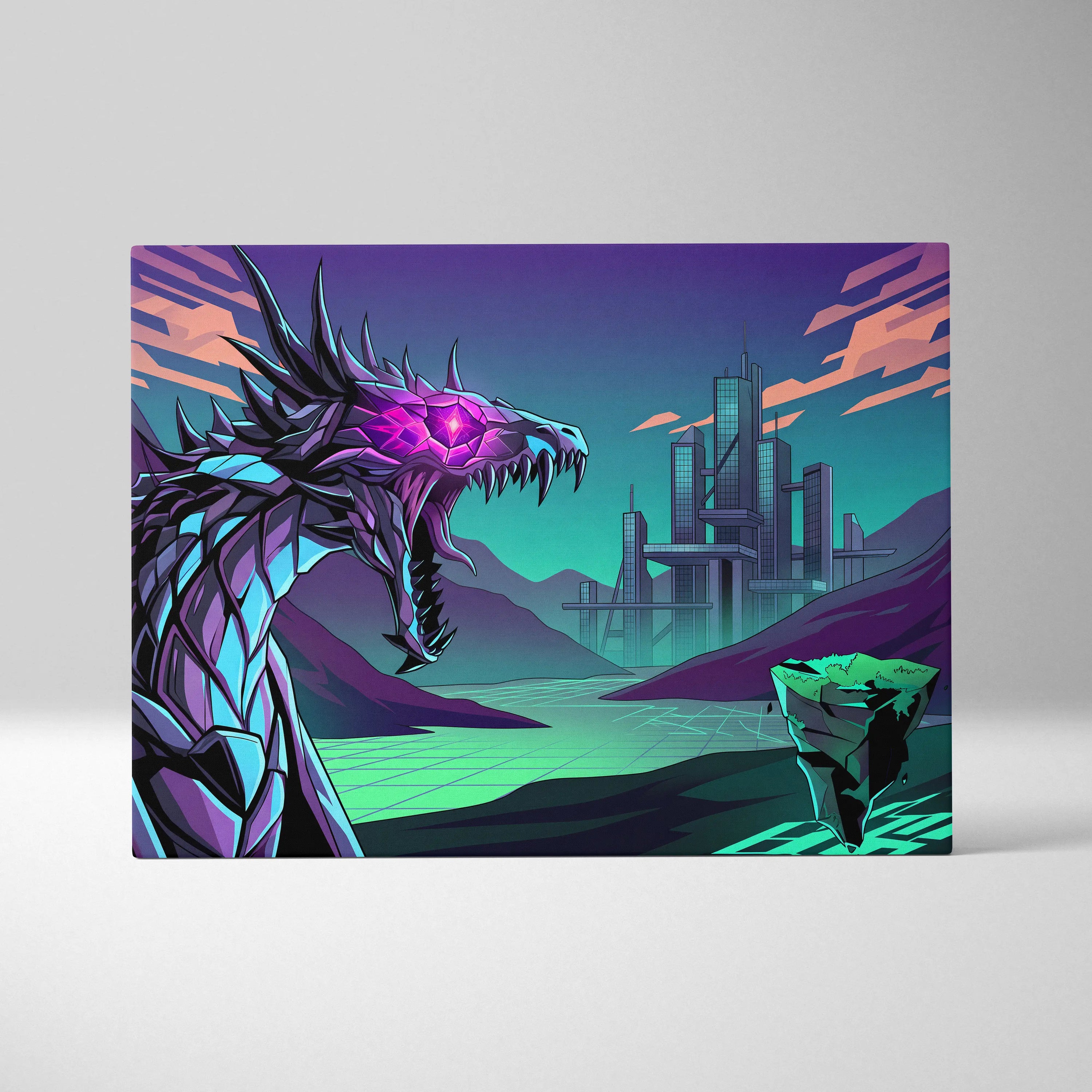 Neon Vapor Dragon Canvas - Dragon Neon Pink Teal LivingRoom Vaporwave Mood Vibrant Retro Decor Canvas Print