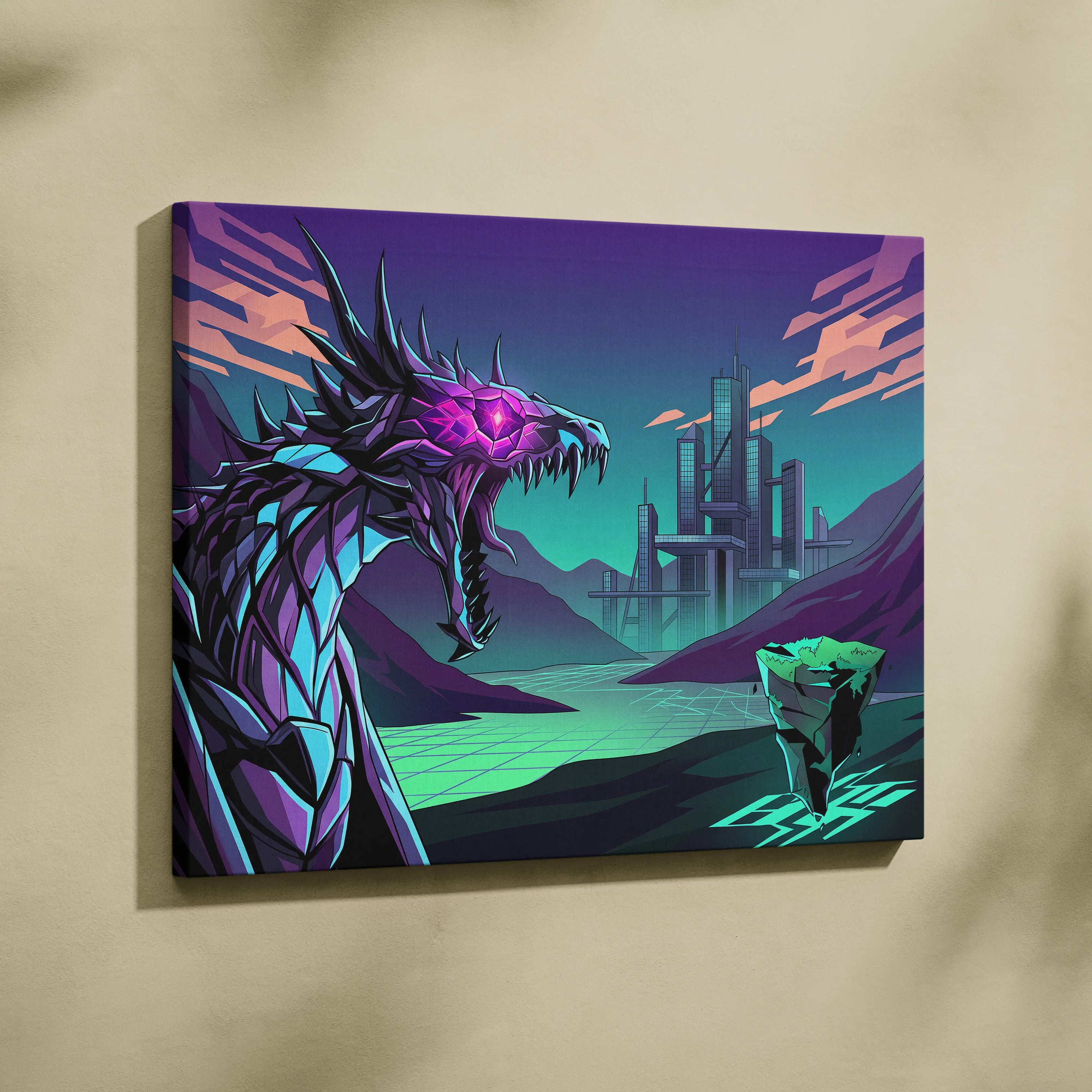 Neon Vapor Dragon Canvas - Dragon Neon Pink Teal LivingRoom Vaporwave Mood Vibrant Retro Decor Canvas Print