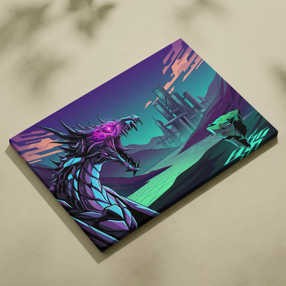 Neon Vapor Dragon Canvas - Dragon Neon Pink Teal LivingRoom Vaporwave Mood Vibrant Retro Decor Canvas Print
