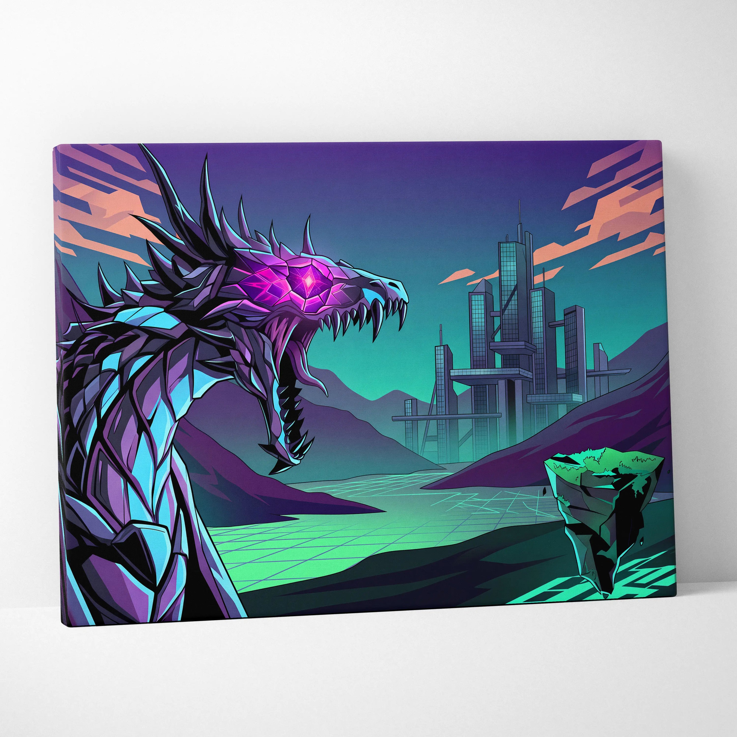 Neon Vapor Dragon Canvas - Dragon Neon Pink Teal LivingRoom Vaporwave Mood Vibrant Retro Decor Canvas Print