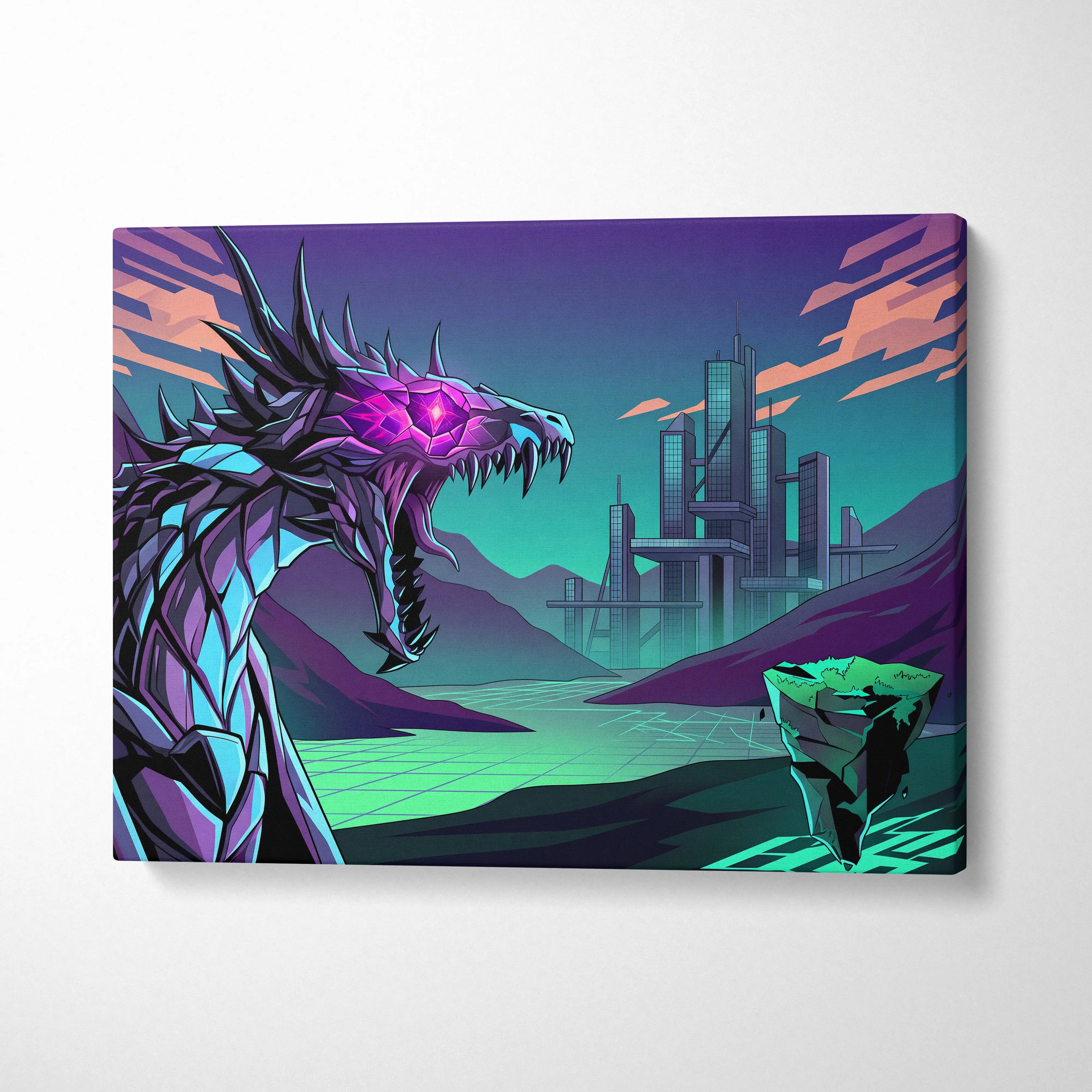 Neon Vapor Dragon Canvas - Dragon Neon Pink Teal LivingRoom Vaporwave Mood Vibrant Retro Decor Canvas Print