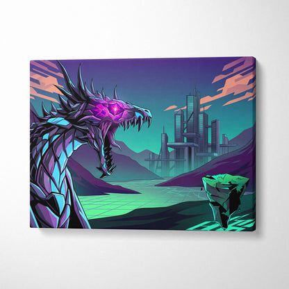 Neon Vapor Dragon Canvas - Dragon Neon Pink Teal LivingRoom Vaporwave Mood Vibrant Retro Decor Canvas Print